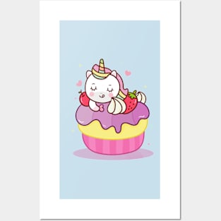 Kawaii Unicorn eating cupcake Posters and Art